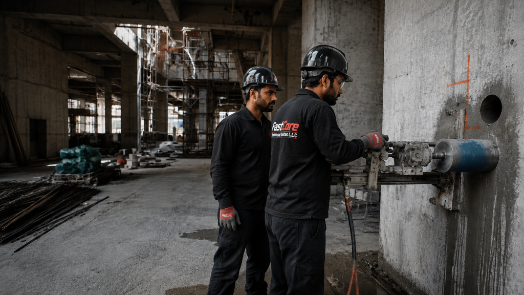 FastCore workers in branded uniforms carrying out controlled concrete demolition inside a construction site in Dubai And Across UAE
