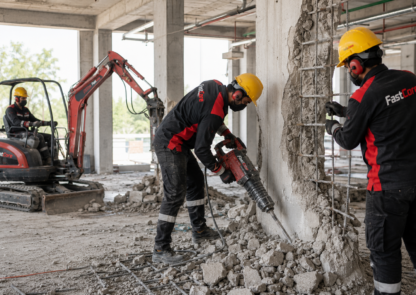 Demolition services Dubai with FastCore workers removing a reinforced concrete wall