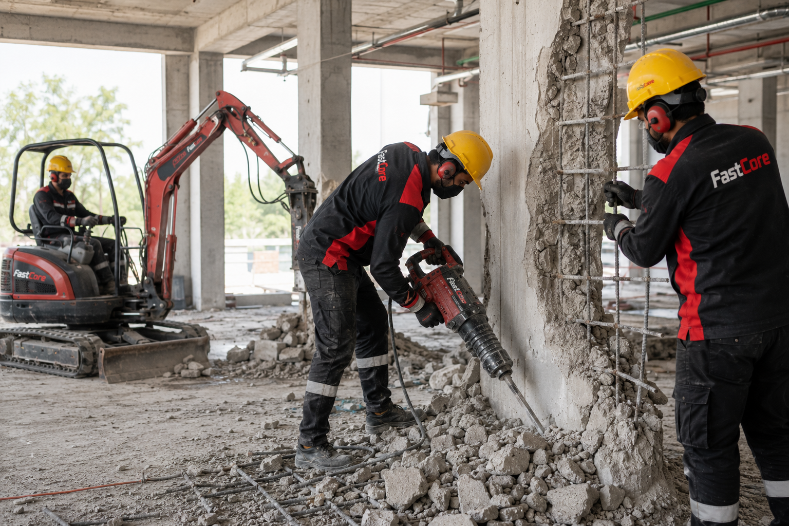 Demolition services Dubai with FastCore workers removing a reinforced concrete wall