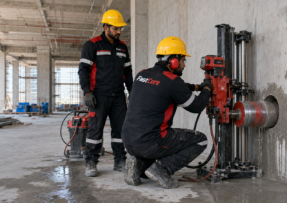 FastCore worker performing core drilling through a reinforced concrete wall in Dubai