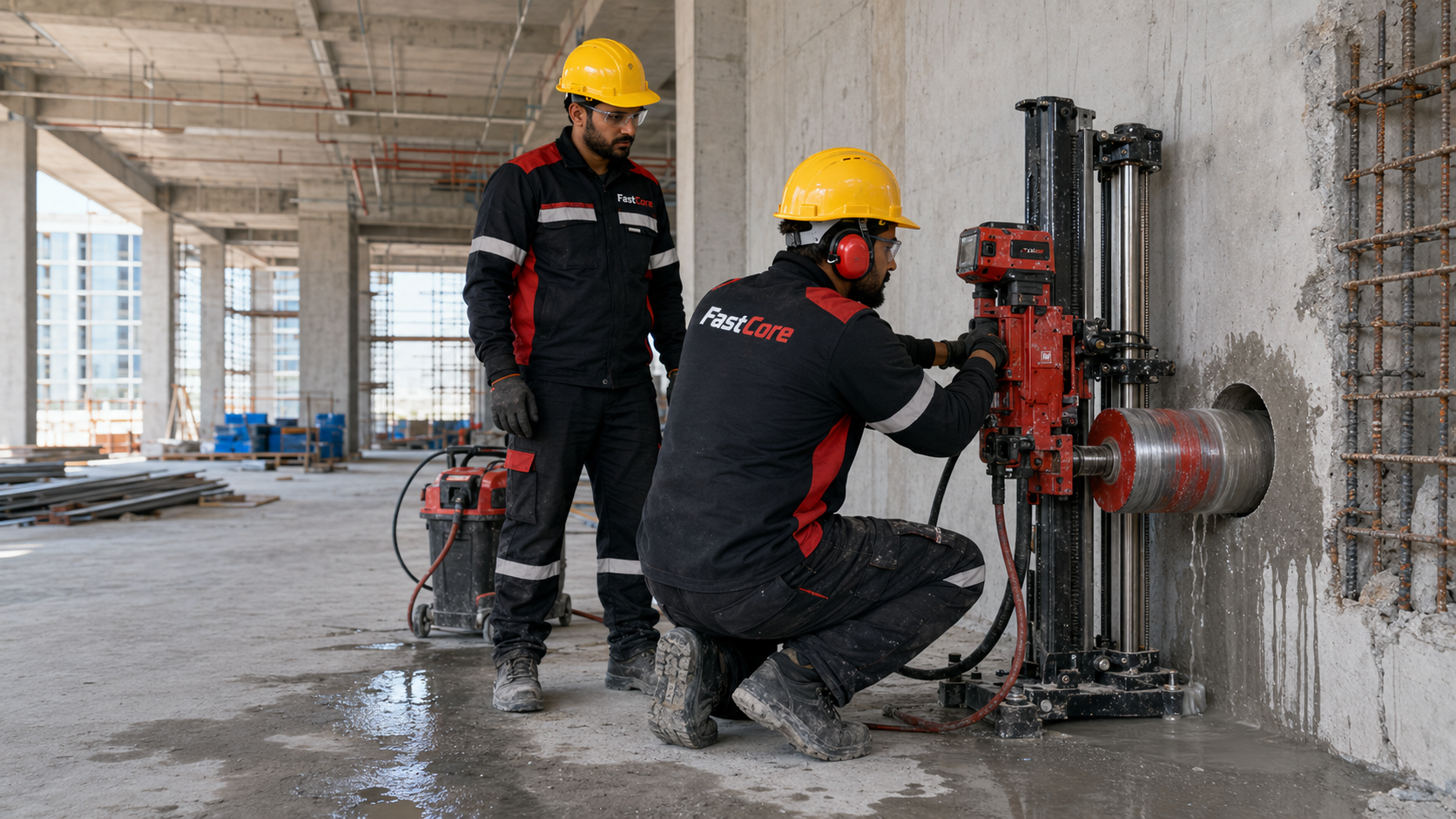 FastCore worker performing core drilling through a reinforced concrete wall in Dubai