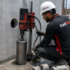 FastCore worker performing diamond core drilling on a concrete wall in Dubai