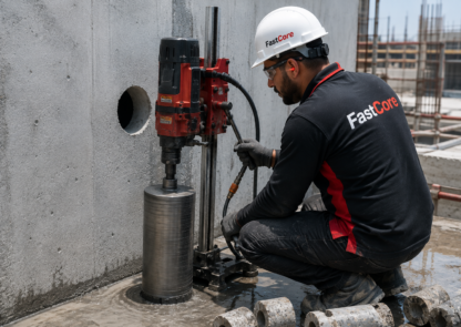 FastCore worker performing diamond core drilling on a concrete wall in Dubai