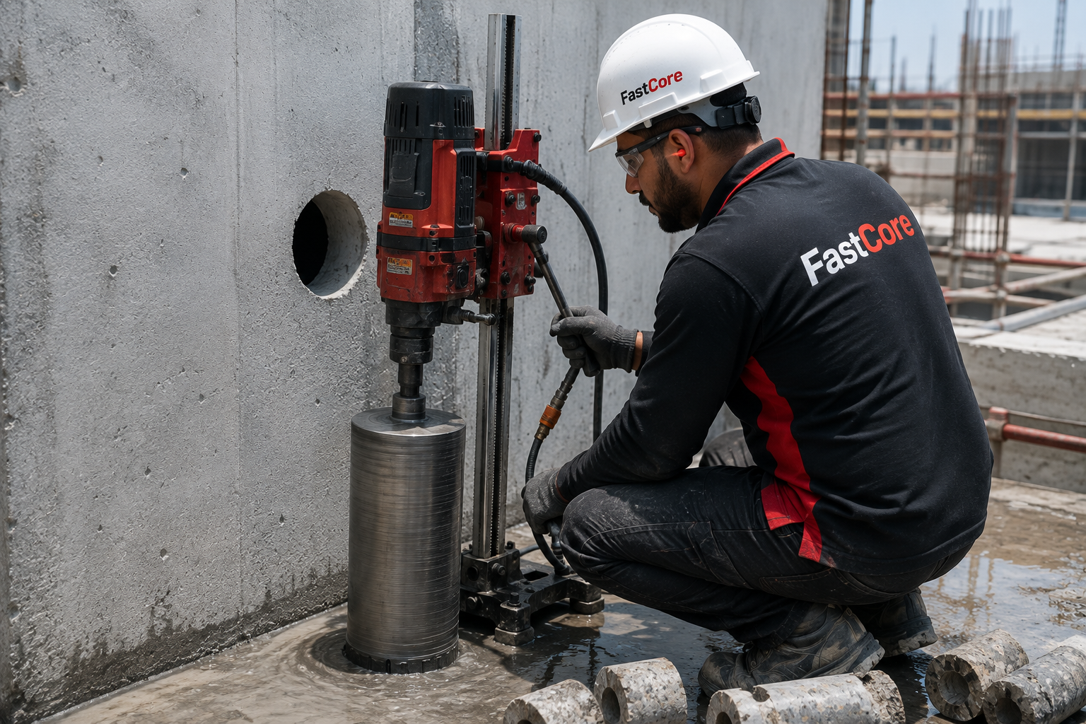 FastCore worker performing diamond core drilling on a concrete wall in Dubai